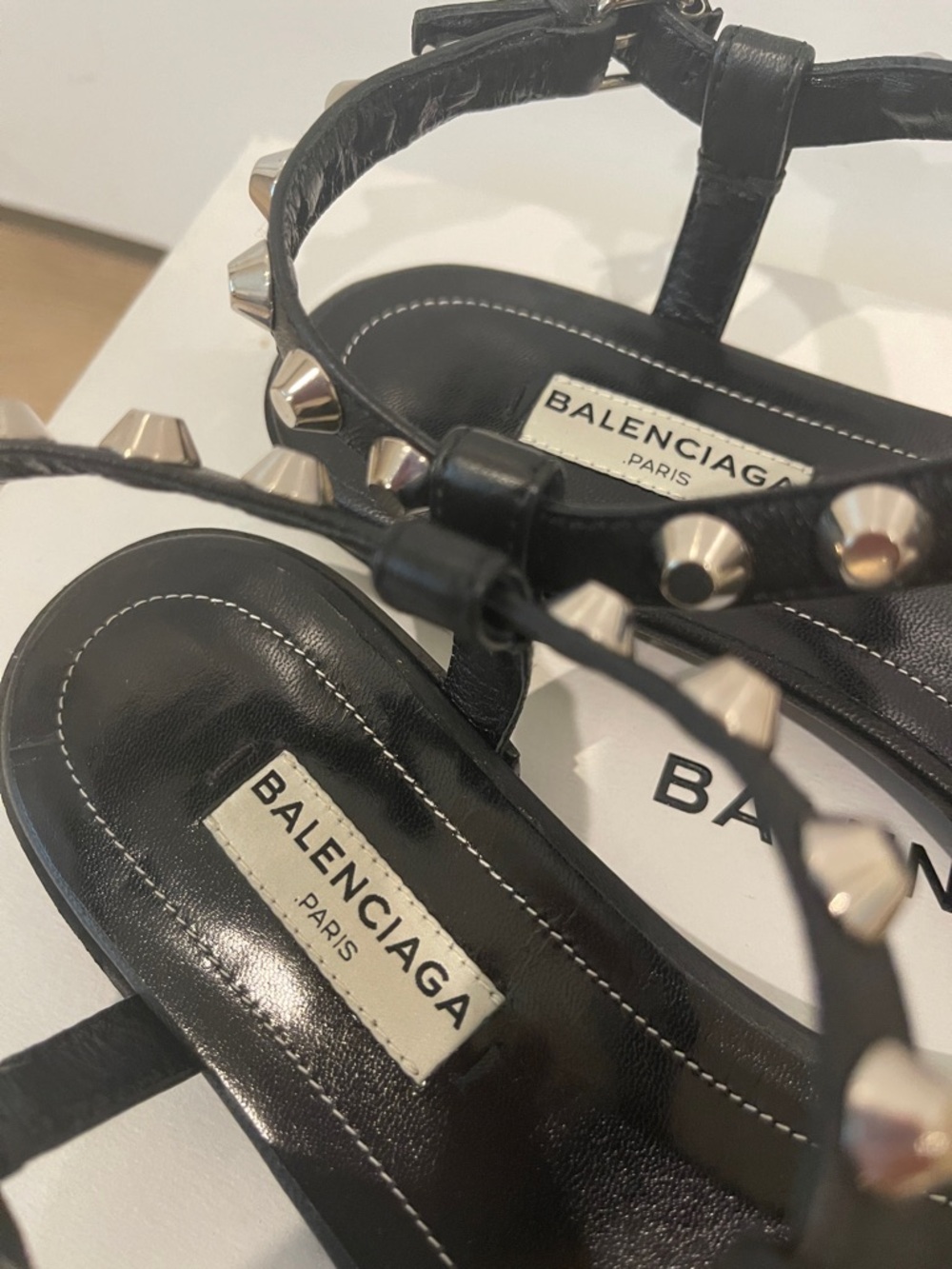 Balenciaga Black Leather Studded T-Strap Sandals - Picture 6 of 11